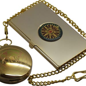 Bussola marina incisa e personalizzata in confezione regalo con catena da tasca e set di porta carte di credito aziendali di lusso placcato oro 24k