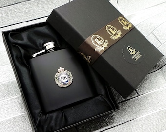 Royal Engineers Hip Flask  RE Spirit Whiskey Spirits Army Gift Boxed  Matte Black Gold Metal Crest Luxury Military Gifts Metal Badge in Case