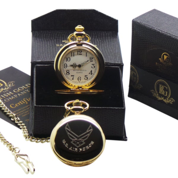 US AIR FORCE 24k Gold Plated Personalised Pocket Watch in Luxury Box with Certificate Full Hunter with chain Army Military Cadet