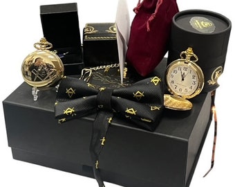 Masonic Gift Hamper Personalised Engraved Gold Pocket Watch Lapel Pin Bowtie Display Stand Custom Made Personalised Freemason Gifts