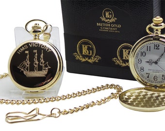 HMS Victory 24k Gold Plated Pocket Watch  and chain Luxury box with Certificate Full Hunter Naval Royal Navy Sea Seaman Battle of Trafalgar