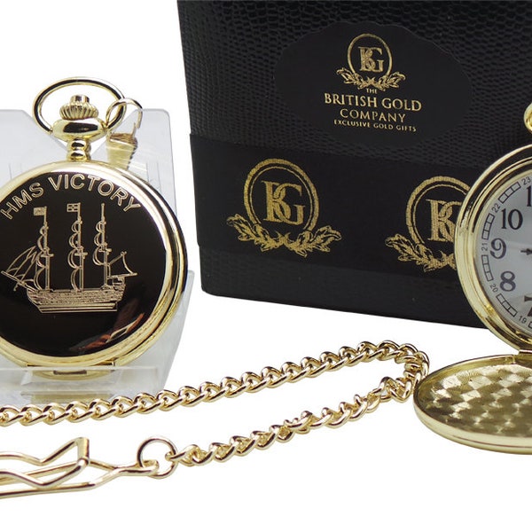 HMS Victory 24k Gold Plated Pocket Watch  and chain Luxury box with Certificate Full Hunter Naval Royal Navy Sea Seaman Battle of Trafalgar