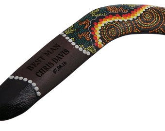 Engraved Boomerang Personalised Wooden Custom Engraving Wedding Birthday Handmade Hand Painted Decorated Traditional Groom Usher Best Man