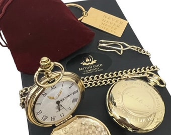 Orologio da tasca personalizzato Sir Winston Churchill placcato oro e portachiavi "Never Give Up", set regalo di lusso con citazione incisa sulla Seconda Guerra Mondiale britannica.
