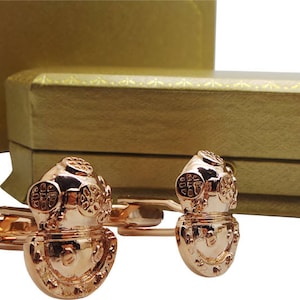 Gemelli da sub con casco, set regalo di lusso placcato in oro rosa 18k, gemelli da sub, regali subacquei, nautici, immersioni, steampunk, nuoto