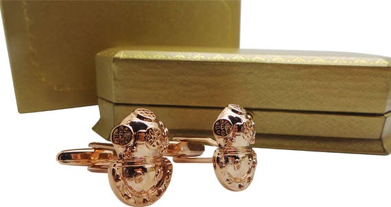 Divers Helmet Cufflinks 18k Rose Gold Clad Luxury Gift Set Cuff Links Deep Sea Diver Underwater Gifts Nautical Diving Steampunk Swimming