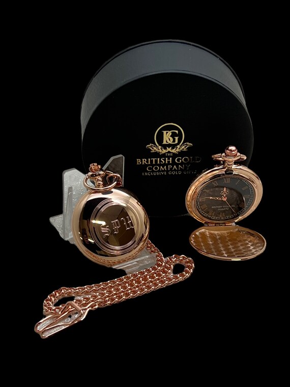 Orologio Da Tasca The British Gold Company Con Stemma Reale Britannico, Cassa Oro Rosa, Quadrante Nero, Nuovo