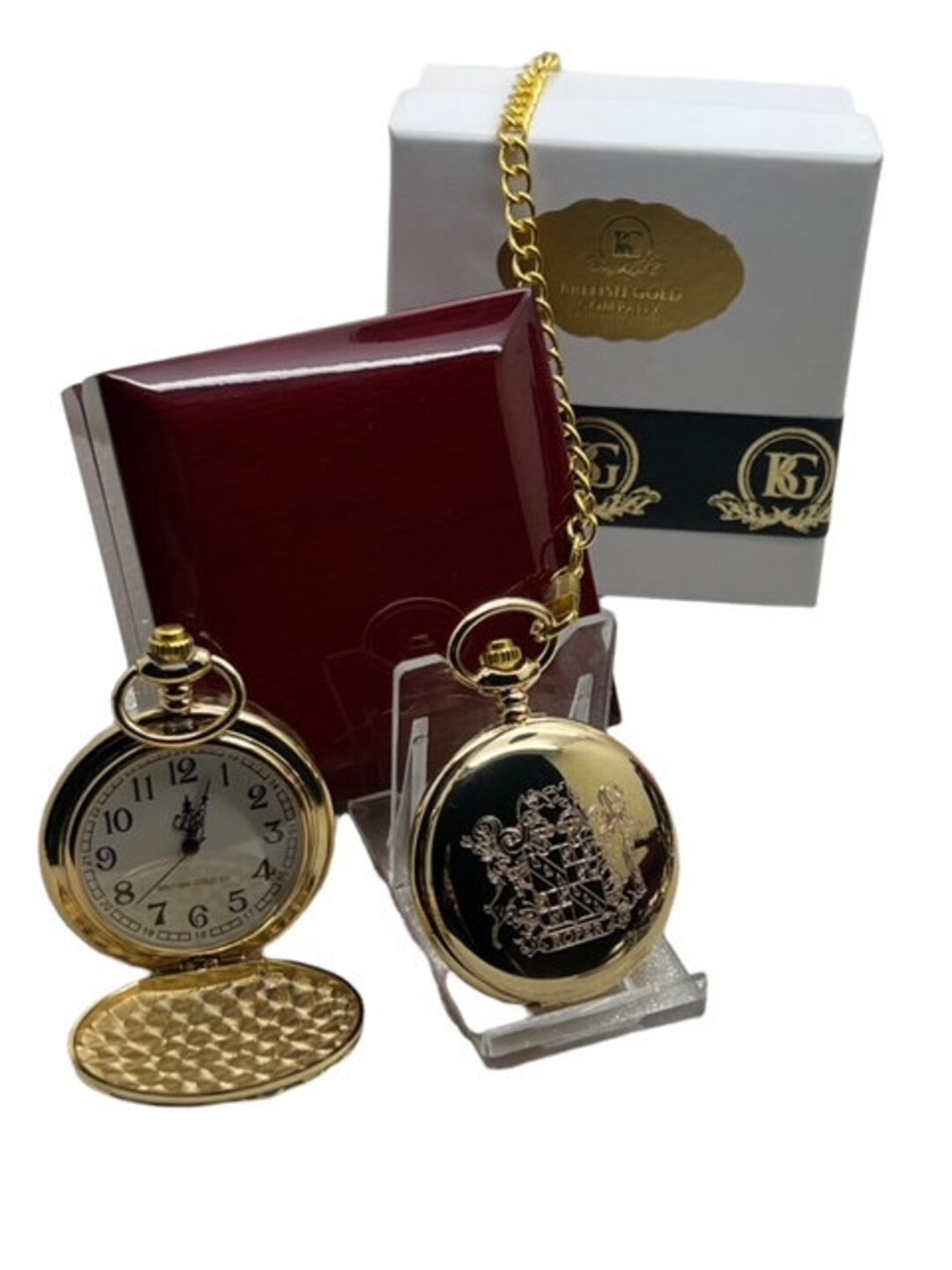 Family Name Coat of Arms 24k Gold Clad Pocket Watch in Wooden