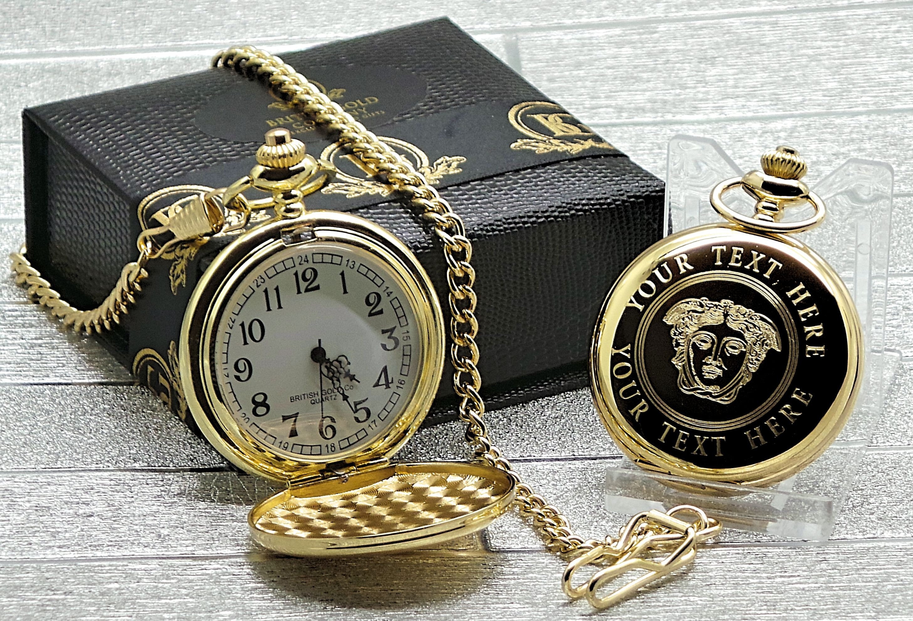 Medusa Head Gold Pocket Watch and Chain 
