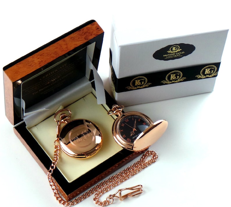 Free Engraving Monogram Custom 18k Rose Gold Plated Pocket Watch Custom Engraved Old English Luxury Wooden Gift box Case with Certificate image 3