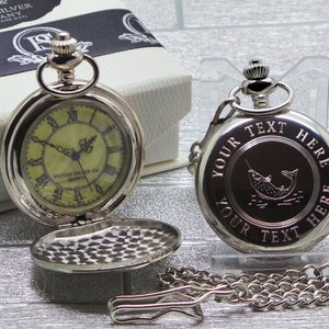 Chaîne et montre de poche en argent personnalisées pour la pêche dans une boîte de luxe, poisson du canal du lac, pêcheur d'eau de mer, cadeaux gravés personnalisés, moulinet