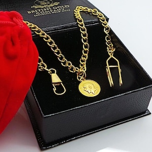 Pocket Watch Chain Single Albert 24k Gold Clad with Fob Coin Pendant for Pocket Watches Peaky Steampunk Wedding Vintage Hunter Mechanical