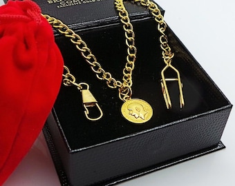 Taschenuhr Kette einfach Albert 24k Gold plattiert mit Fob Münzanhänger für Taschenuhren Spitze Steampunk Hochzeit Vintage Jäger Mechanisch