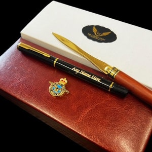 RAF 24k Gold Clad Engraved Pen Royal Air Force Luxus Geschenkset Leder Geschenktasche Air Military Geschenke UND Brief Paketöffner Personalisiert