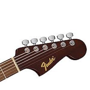 Puede incluir: Primer plano del clavijero de una guitarra ac&uacute;stica Fender marr&oacute;n. El clavijero presenta seis clavijas plateadas y el logotipo de Fender en escritura dorada. Se ven las cuerdas de la guitarra.
