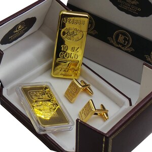 Gold Bullion Bar Ingot Style 24k Clad Cufflinks  and Bar and Cigarette Lighter 3 piece Luxury Gold Lovers Gifts Set Luxury Case Smokers Set