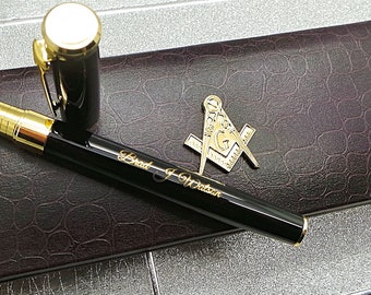 Masonic Freemasons 24k Gold Clad Engraved Masonic Black Ink Rollerball Pen Luxury Gift Set Gift Box Masons Tools Brotherhood Lodge Order