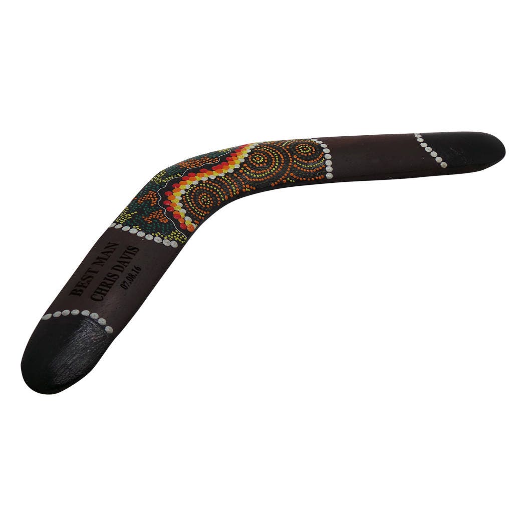 Engraved Boomerang Personalised Wooden Custom Engraving Wedding Birthday Handmade Hand Painted Decorated Traditional Groom Usher Best Man