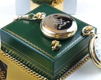 Freemasons Masonic Personalised 24k Gold Clad Quality Lapel Pin Badge and Hunter Emblem Pocket Watch in Luxury Gift Case with Certificate