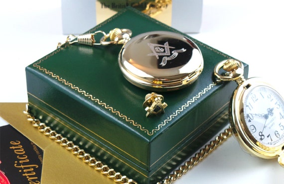 Freemasons Masonic Personalised 24k Gold Clad Quality Lapel Pin Badge and Hunter Emblem Pocket Watch in Luxury Gift Case with Certificate
