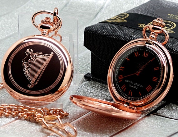 Celtic Harp Pocket Watch and Chain Rose Gold in Luxury Case Ireland Irish Gifts Personalised Engraved Gaelic Jewellery alternative Shamrock