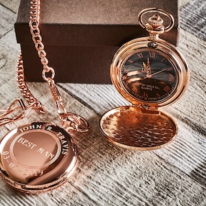 Free Engraving Best Man 18k Rose Gold Plated Pocket Watch Custom Engraved Old English Luxury Gift box Case Wedding Groom Groomsmen watches image 1