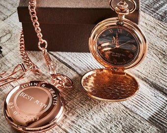 Gravur Best Man 18k Rose Vergoldet Taschenuhr Gravur Old English Luxus Geschenkbox Hülle Hochzeit Bräutigam Bräutigam Uhren