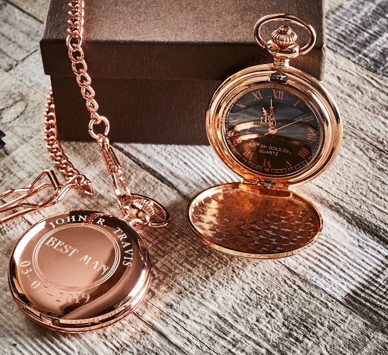 Free Engraving Best Man 18k Rose Gold Plated Pocket Watch Custom Engraved Old English Luxury Gift box Case Wedding Groom Groomsmen watches image 1