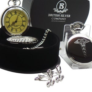 Medical Caduceus Pocket Watch Full Hunter with Stethoscope Cufflinks Luxury Gift Set in Case Case Doctor Nurse Dentist Medic Ambulance Gifts
