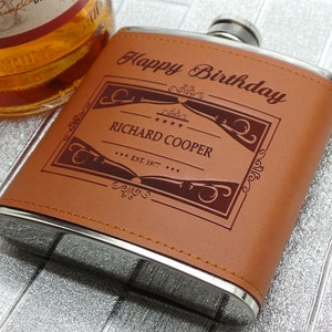 Personalised Hip Flask Leather Custom Engraved Spirit Whiskey Luxury Engraving Monogrammed Best Man Usher Birthday Wedding Anniversary Birth