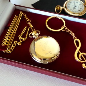 24k Gold Elvis Presley Keyring Keychain Musical Note  Gift Set with Gold Plated Pocket Watch in Luxury Gift Case. Rock n Roll Collectable!