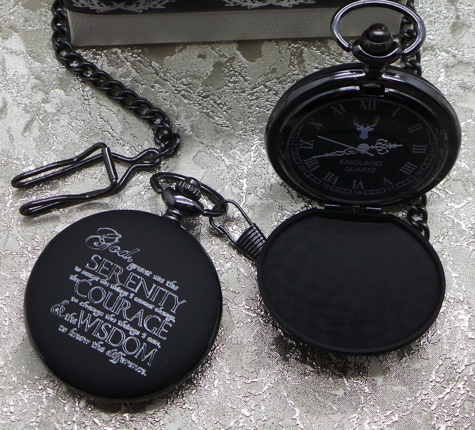 Serenity Prayer Jet Black Pocket Watch Chain Gift Luxury Metal