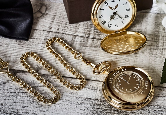 See You at Engraved Pocket Watch and Chain Gold Groom to Be From