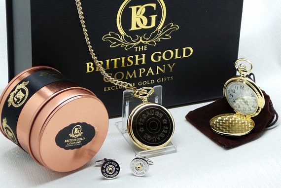 Personalised Shotgun Gift Hamper 12g Cartridge Gold Pocket Watch and Silver and Gold Cufflinks Luxury Set for Shooting Hunting Gun Sports