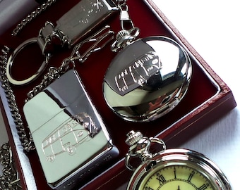 Silver Plated  Camper Van Bus Vintage Retro Modern  Pocket Watch Keyring Keychain and Cigaretted Lighter Gift Set Luxury Collectors Set