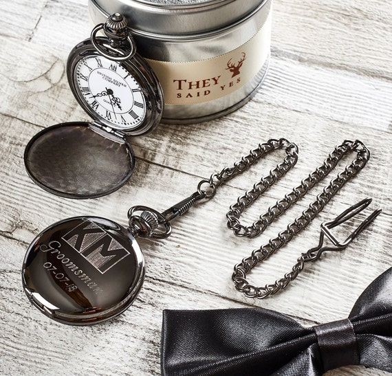 Personalised Free Engraving Black Pocket Watch Custom Engraved Luxury Gift  box Case Wedding Groom Groomsmen watches Full Hunter Monogram