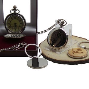 Ships Wheel Silver Plated Pocket Watch and Rope and Anchor hand-made wooden Keychain Keyring Luxury Gift Set Sailor Yacht Boating Naval Ship