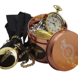 Medical Symbol Caduceus Gold Plated Pocket Watch in Luxury gift case Free Engraving Engraved Monogrammed Custom Name Doctor Nurse Dentist