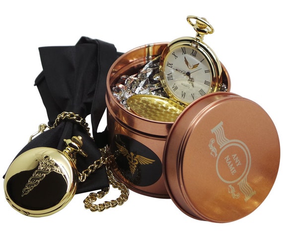 Medical Symbol Caduceus Gold Plated Pocket Watch in Luxury gift case Free Engraving Engraved Monogrammed Custom Name Doctor Nurse Dentist