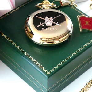 Army Pocket Watch Personalised Crested with Lapel Pin Badge in Luxury Gift Case Including Certificate British Military Set 24k Gold Plated