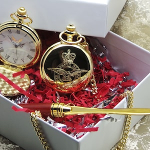 RAF personalizado 24k folheado a ouro relógio de bolso e abridor de cartas de mesa em luxo em caixa com certificado Royal Air Force Crested Gift Set
