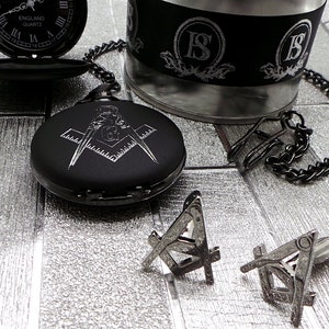 Freemason Pocket Watch Black Steel and Chain Engraved and Silver Masonic Cufflinks Luxury Custom Engraving  Gifts Metal Gift Case Gift Set