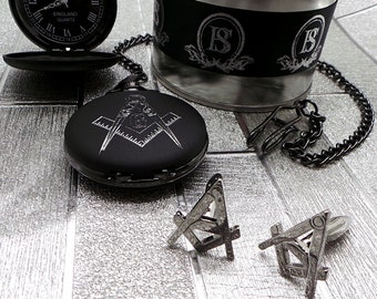 Freemason Pocket Watch Black Steel and Chain Engraved and Silver Masonic Cufflinks Luxury Custom Engraving  Gifts Metal Gift Case Gift Set
