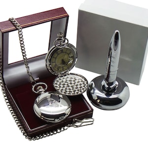 Engraved Freemasons Pocket Watch and Masonic Chrome Ballpoint Pen Desk Set Free Personalised Custom Engraving Luxury Gift Collection