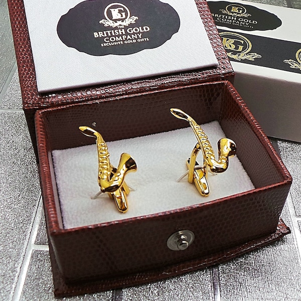 Saxophone Cufflinks Gold Music Gift Set for Brass Band Musicians Instruments Sax Player Dad Husband Grandad Uncle Brother Luxury Gifts