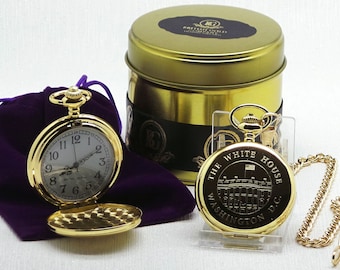 Zegarek kieszonkowy White House w 24-karatowym złocie w luksusowej metalowej obudowie z grawerunkiem prezydenta USA Donala Trumpa dla kolekcjonerów