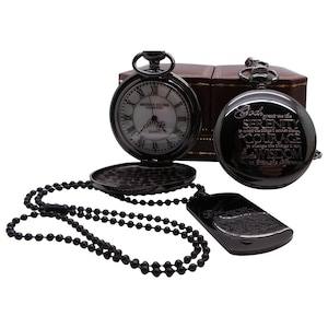 Reloj de bolsillo negro con oración de serenidad, 12 pasos, AA, GA, NA, Alcohólicos Anónimos y collar con placa de identificación, juego de regalo de lujo, regalos de recuperación grabados