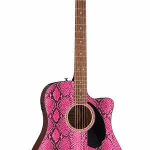 May include: Acoustic-electric guitar with a vibrant pink snakeskin pattern on the body. Features a dark brown neck and headstock, with silver tuning pegs. The guitar has a black pickguard and a sound hole.