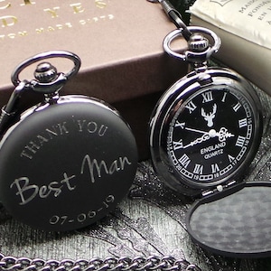 Free Engraving Matte Black Pocket Watch Custom Engraved Monogram Luxury Gift box Case Groomsmen watches Birthday Monogrammed Anniversary