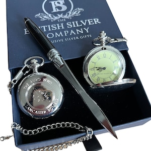 Reloj de bolsillo y cadena Avro Lancaster Bomber en plata. Set de regalo grabado. Set de regalo de lujo con abrecartas de plata. Avión de guerra militar de la RAF de la Segunda Guerra Mundial